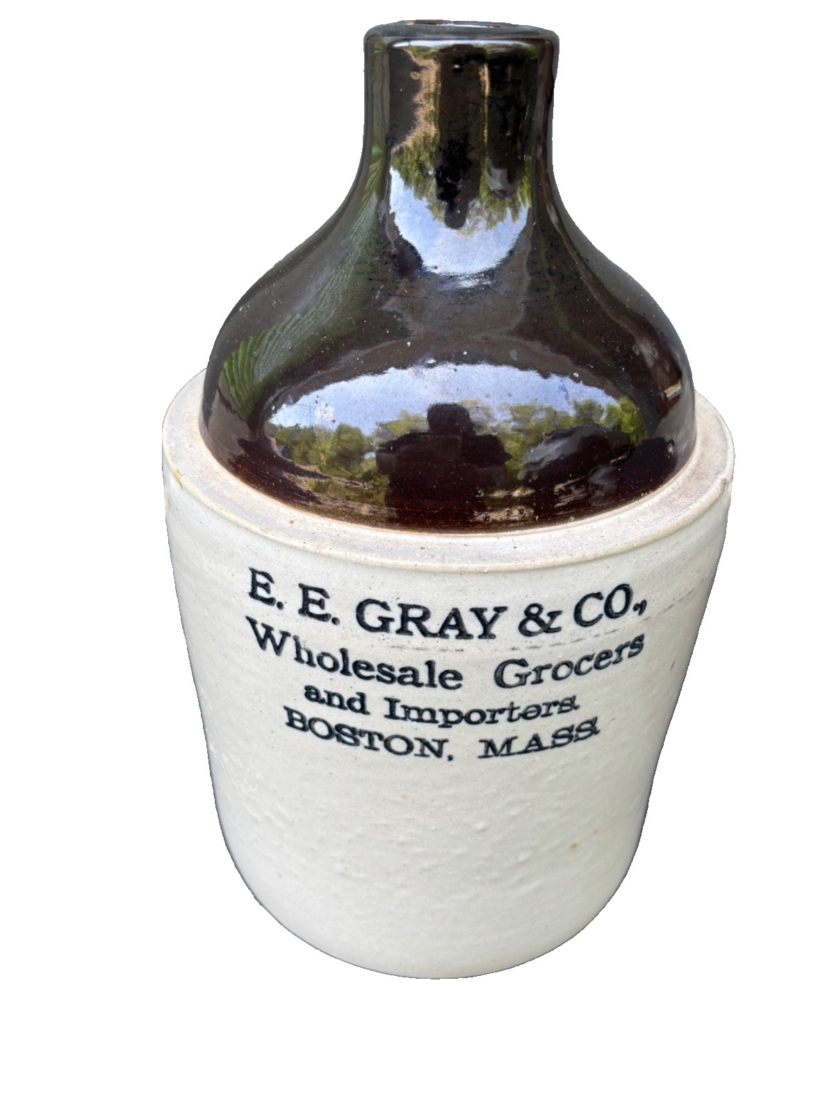 ANTIQUE E E GRAY & CO IMPORTERS & WHOLESALE GROCERS BOSTON MASS STONEWARE JUG