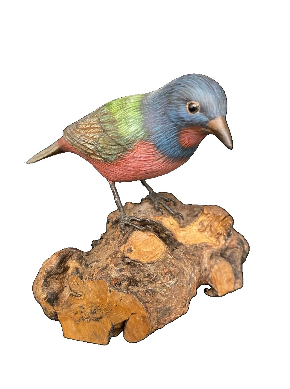 Hand Carved Wooden Painted Bunting Exotic Bird Sculpture