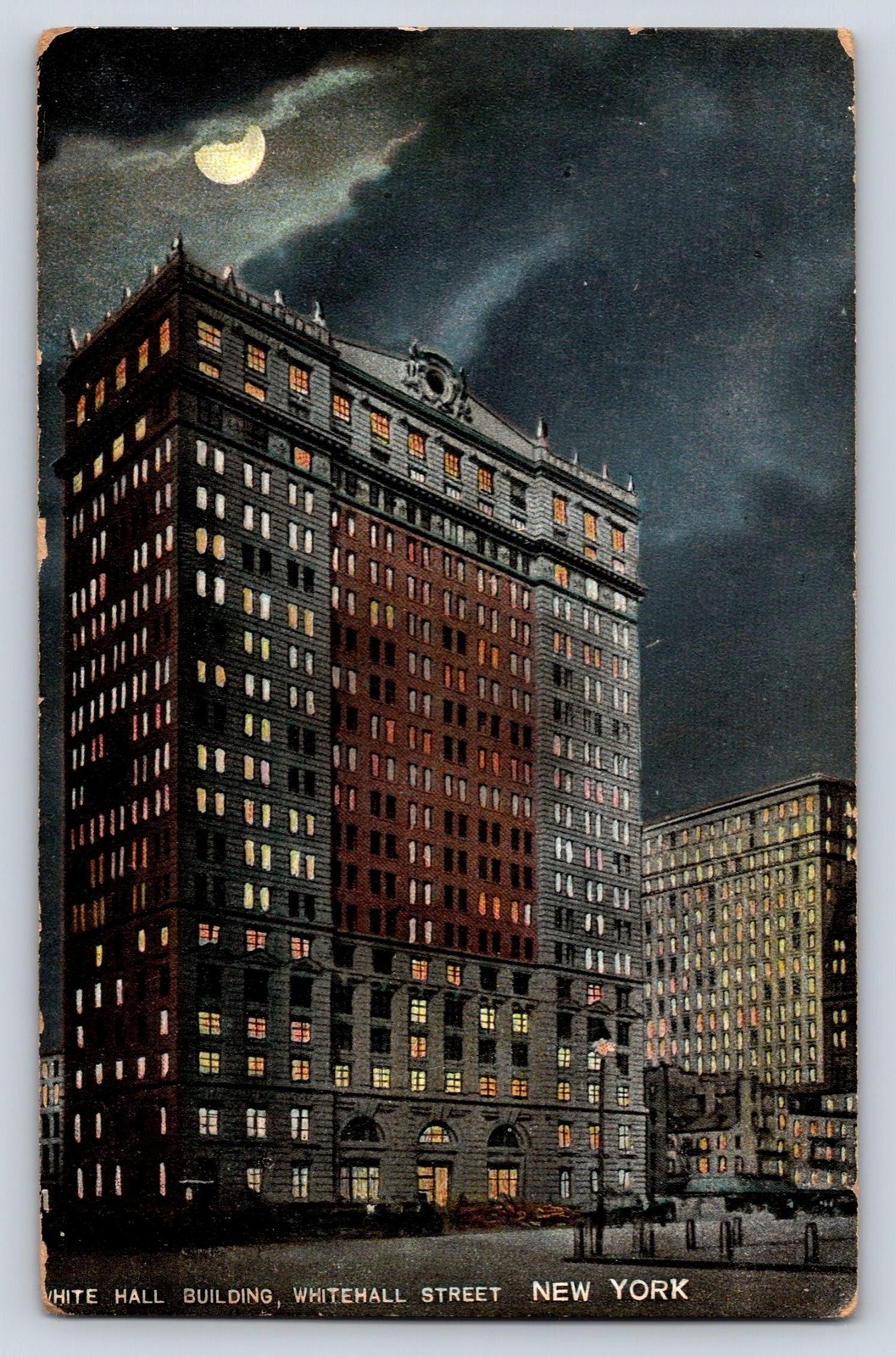 Vintage White Hall Building Whitehall St New York Moonlight Card Posted 5.5x3.5