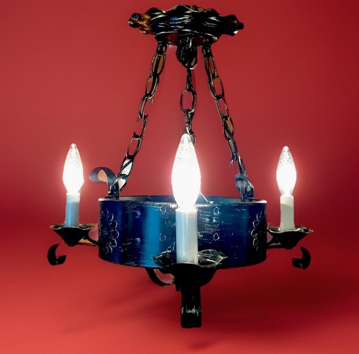 Vintage 1960\'s-70s Gothic Medieval Tudor Mission Black Chandelier Light Fixture