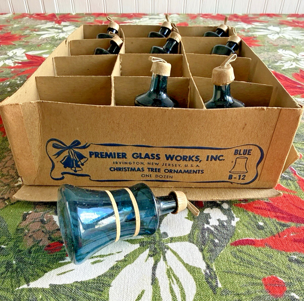 Vintage WWII Era premier Unsilvered Blue Bell Ornaments With Paper Caps