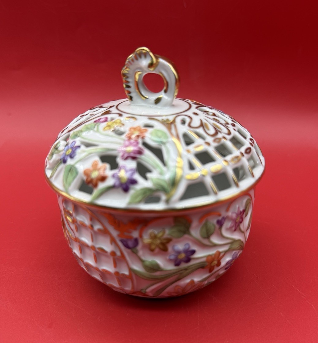 Antique 1930 Schumann Dresden Flowers Trinket Box Lidded Bowl Germany Floral