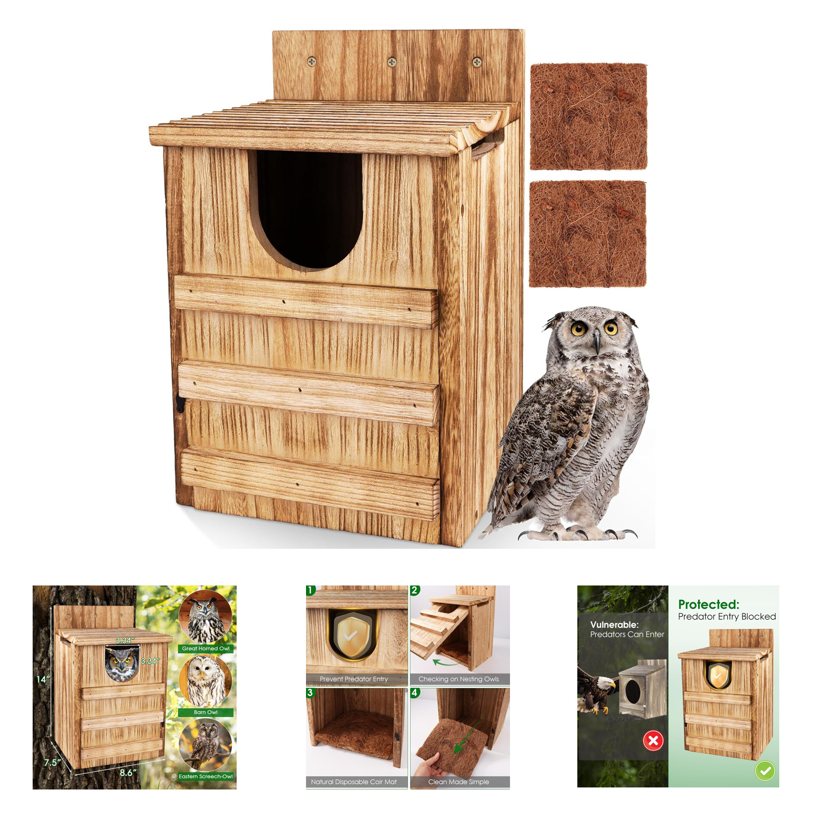 Owl House Wooden Nesting Box for Outside with Predator Entrance and Ventilation