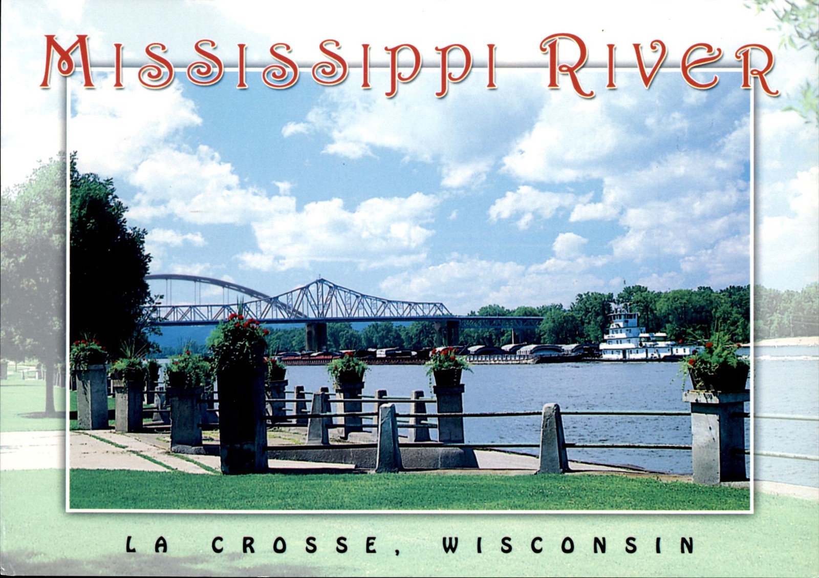 Mississippi River La Crosse WI Riverside Park Barge Bridge 2006 Postcard