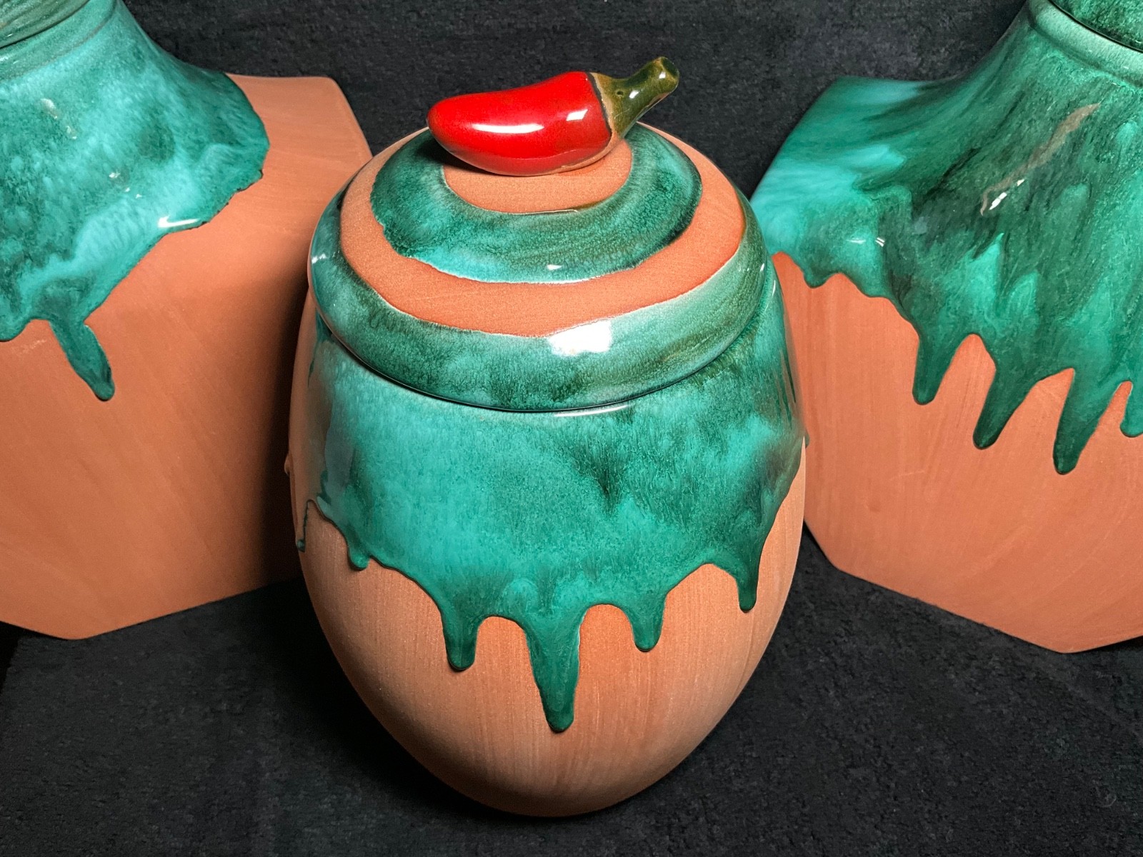 3x Vtg-Turquoise Drip Glazed Pottery Jars - Southwest Style Home Decor- Signed