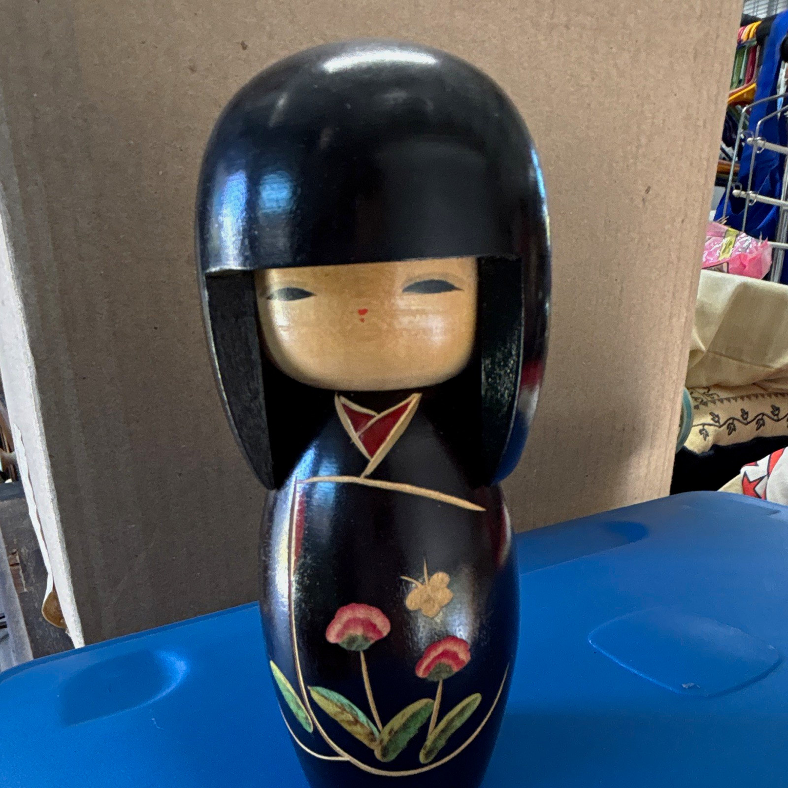 Japanese Kokeshi Wooden Doll, Black Kimono Floral Design, Sticker Mark Base