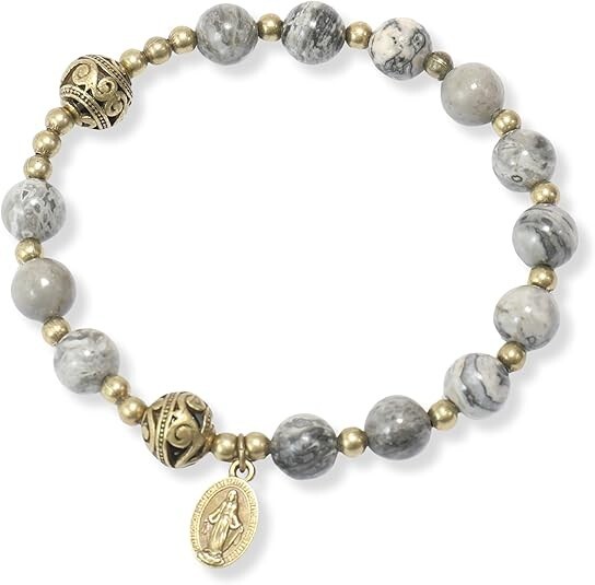 Map Stone Beads Rosary Bracelet  Catholic Miraculous Medal Wrist Jewelry