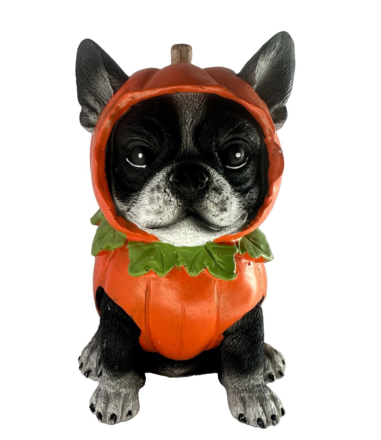 Boston Terrier Pumpkin Costume Statue Halloween Dog Figurine Fall Decor 8” Resin