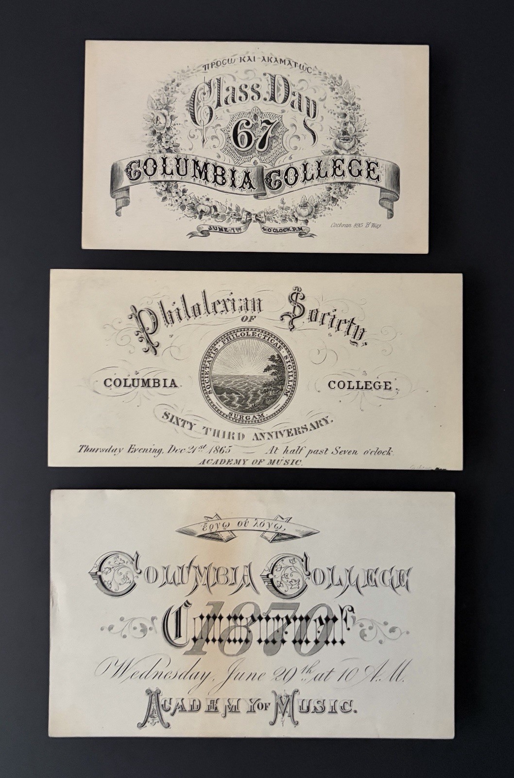 6 Columbia College Education Event Cards, Willard Bartlett Autograph, NY 1863-18