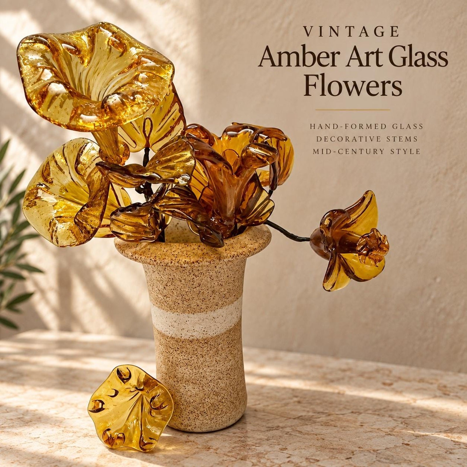 Vintage Amber Art Glass Flowers Wired Floral Stems 1960s 1970s Mid Century Decor
