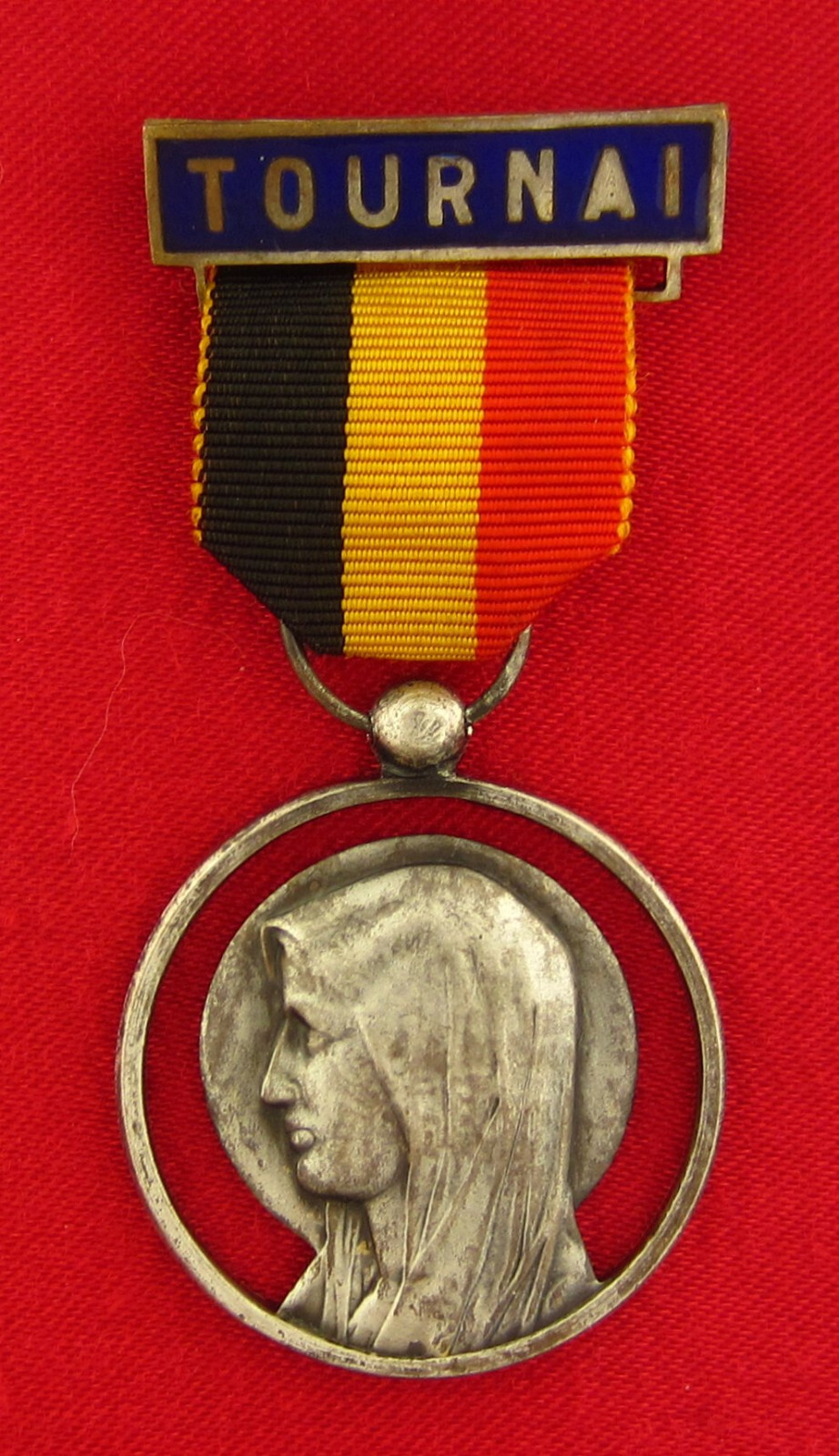 Vintage MARY Medal Ribbon Pin Religious Catholic Large Pendant TOURNAI BELGIUM