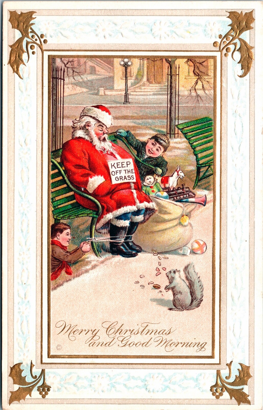Vintage Santa Claus Asleep on Park Bench Christmas Day & Children Postcard RARE