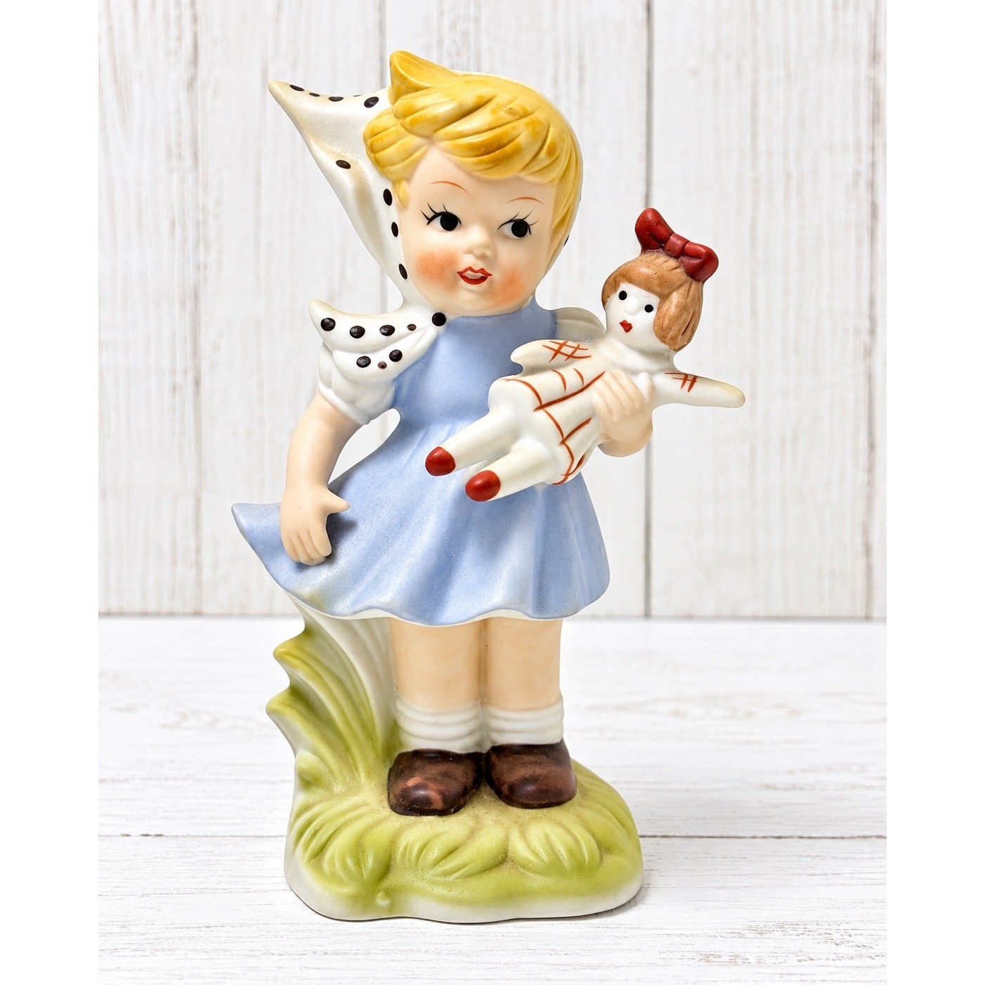 Vintage Style Girl Figurine Bisque Porcelain Holding Rag Doll Blue Dress 5\