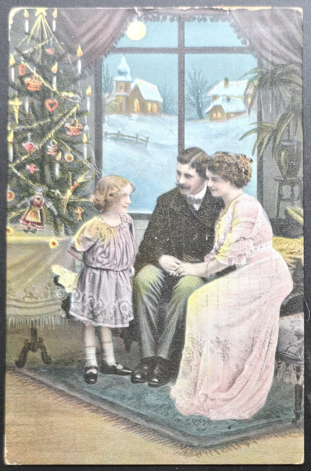 1914 Turku Finland Christmas Postcard Family by Tree – Sent to Spokane WA – Rare