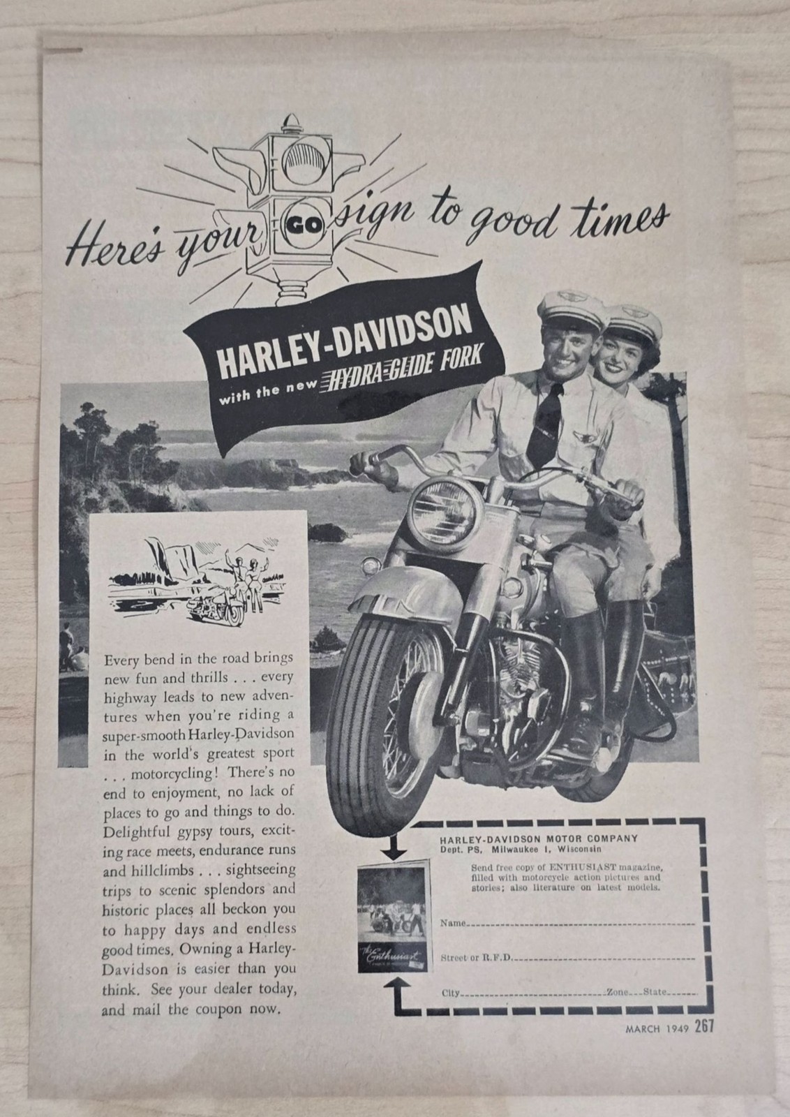 Vintage 1949 Harley Davidson Hydra Glide & Evinrude Outboard Motor Magazine Ad