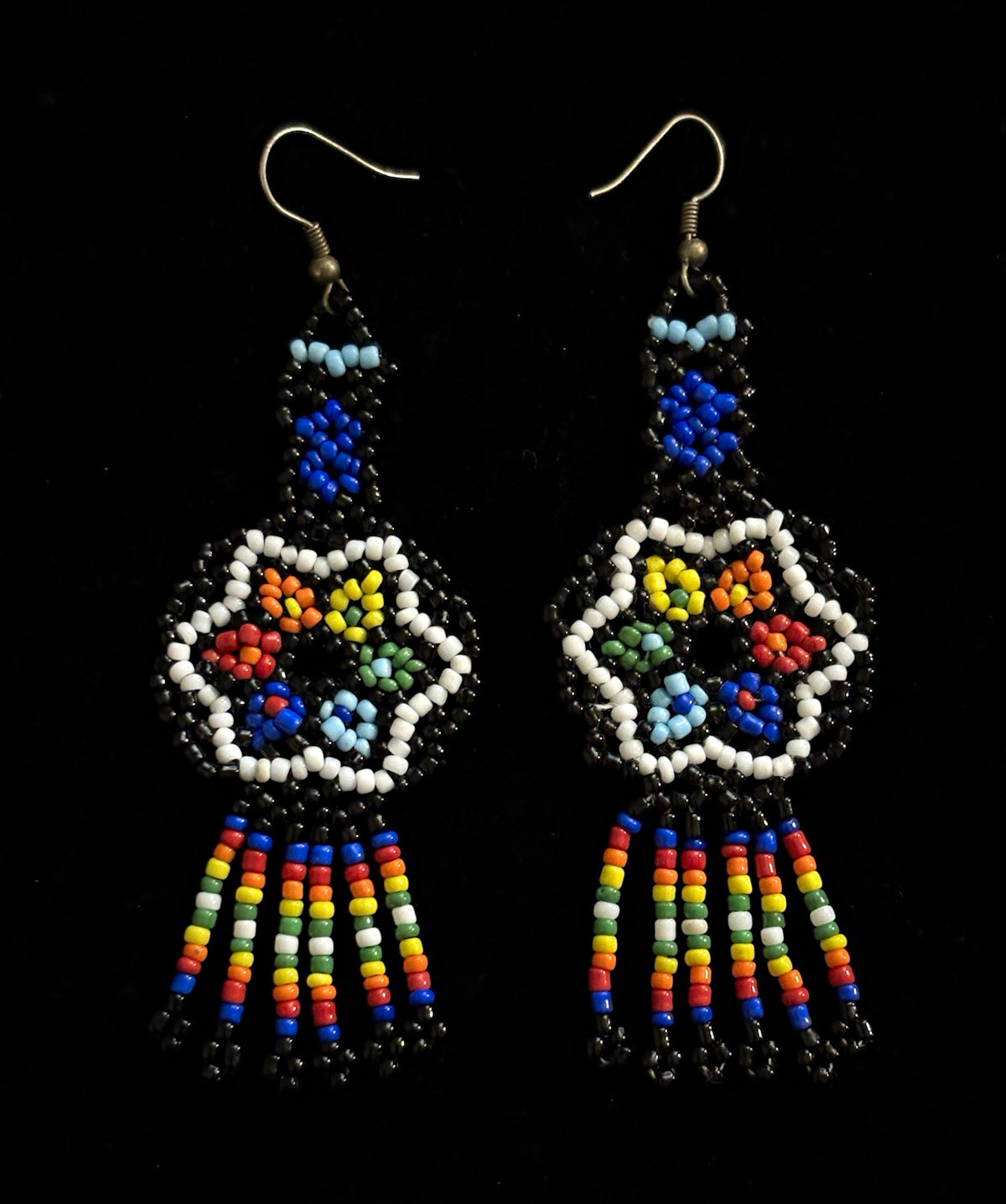 3” VTG Handcrafted Mexican Huichol Seed Beaded Flower Dangle Earrings Multicolor