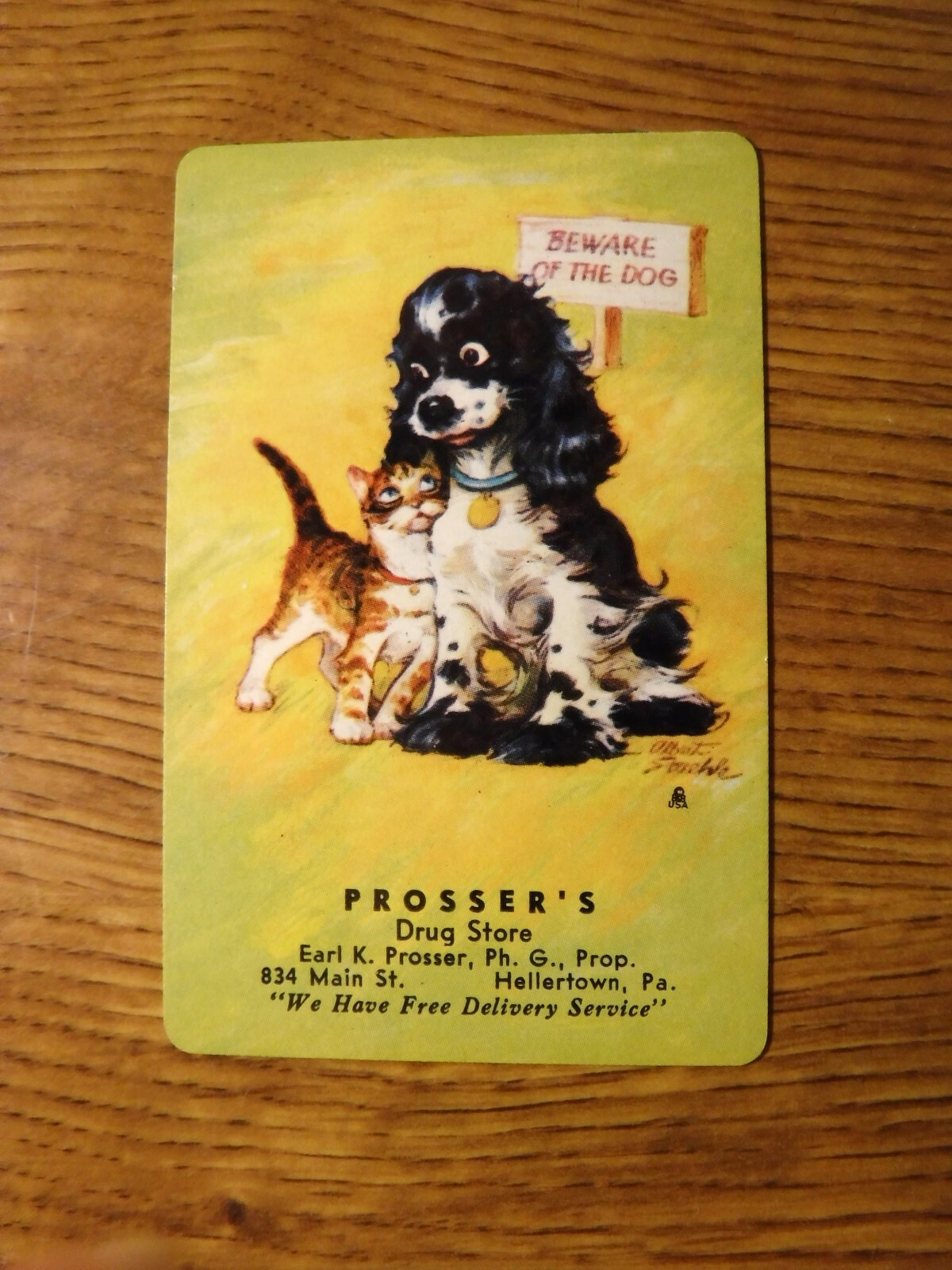 MID 1900\'S VINTAGE PLAYING CARD SWAP COUPON BUTCH DOG & CUDDLING CAT