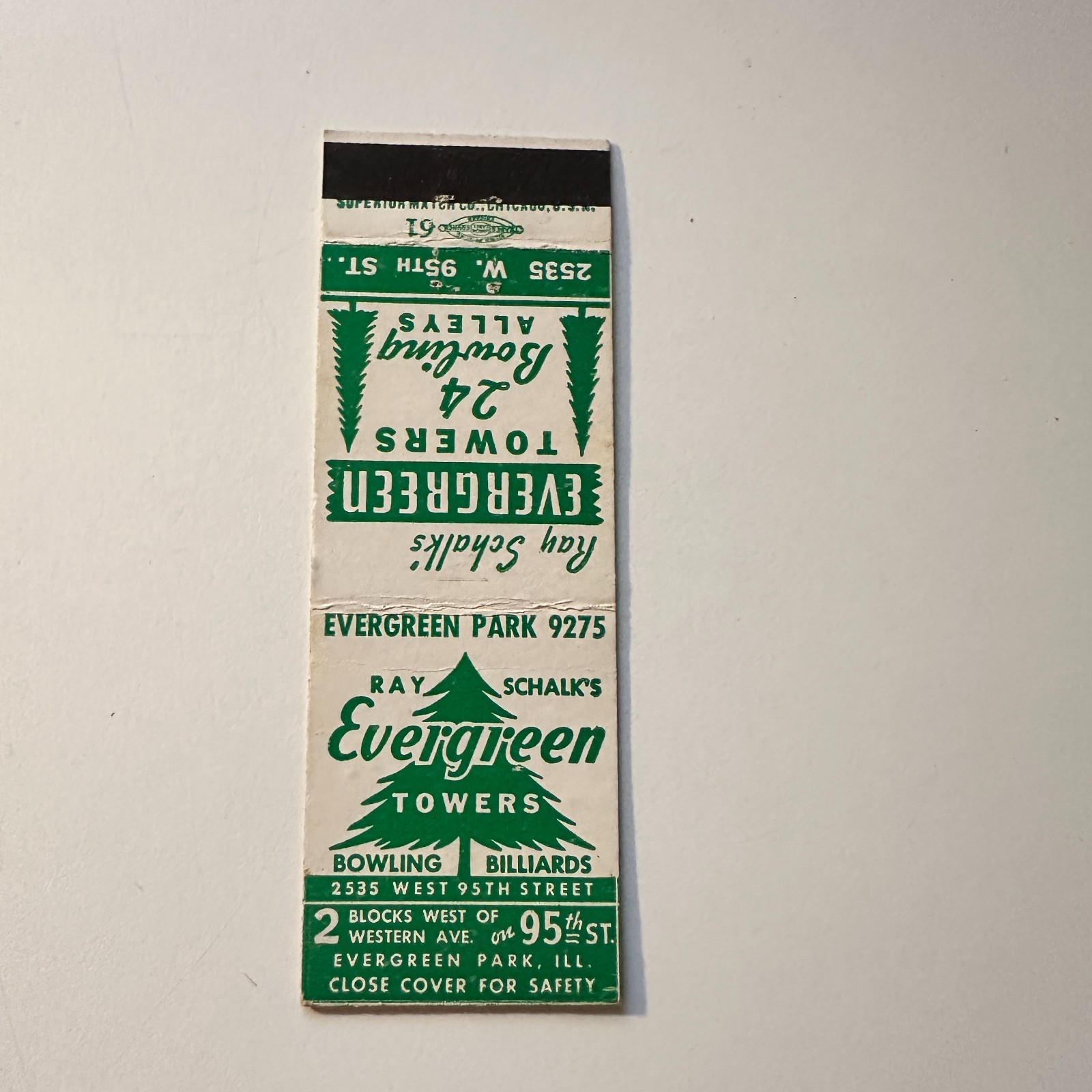 Ray Schalk\'s Evergreen Towers Evergreen Park IL Vintage Matchbook Cover 5MB126-1