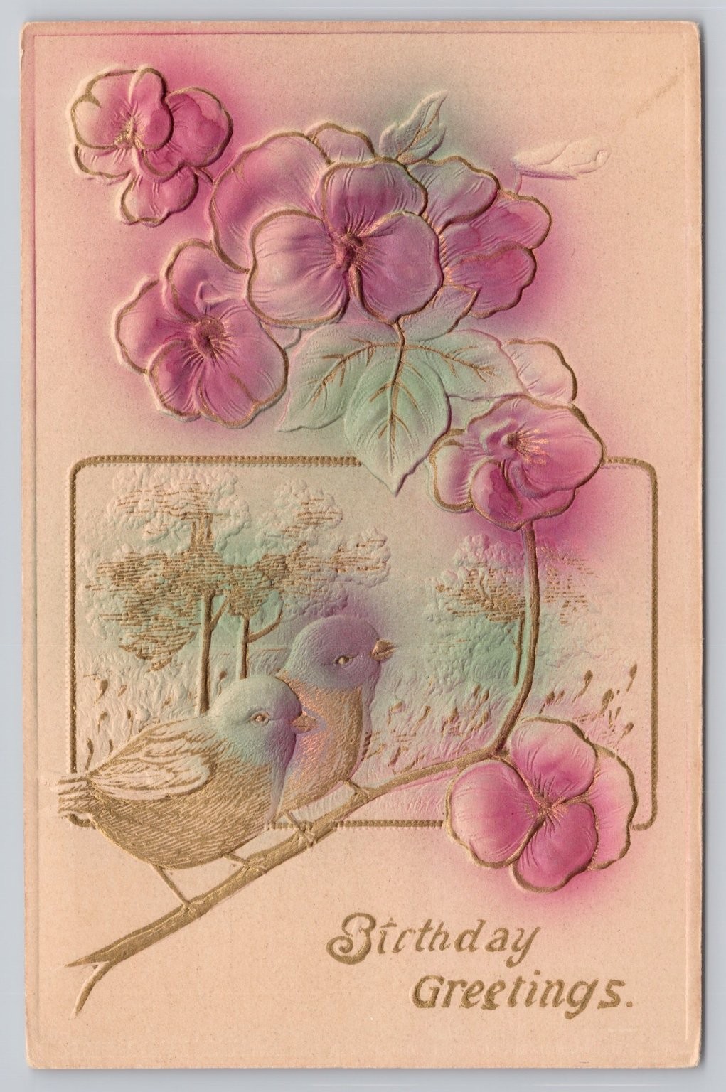 1913 Embossed Birthday Postcard Birds Flowers Brooklyn NY Sentimental Art