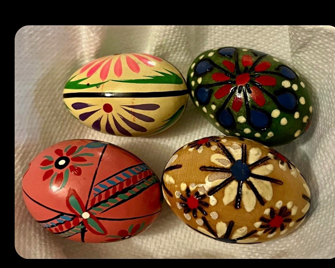 Vintage Polish Pisanki Wooden Easter Eggs Hand Painted Folk Art Floral - Set of