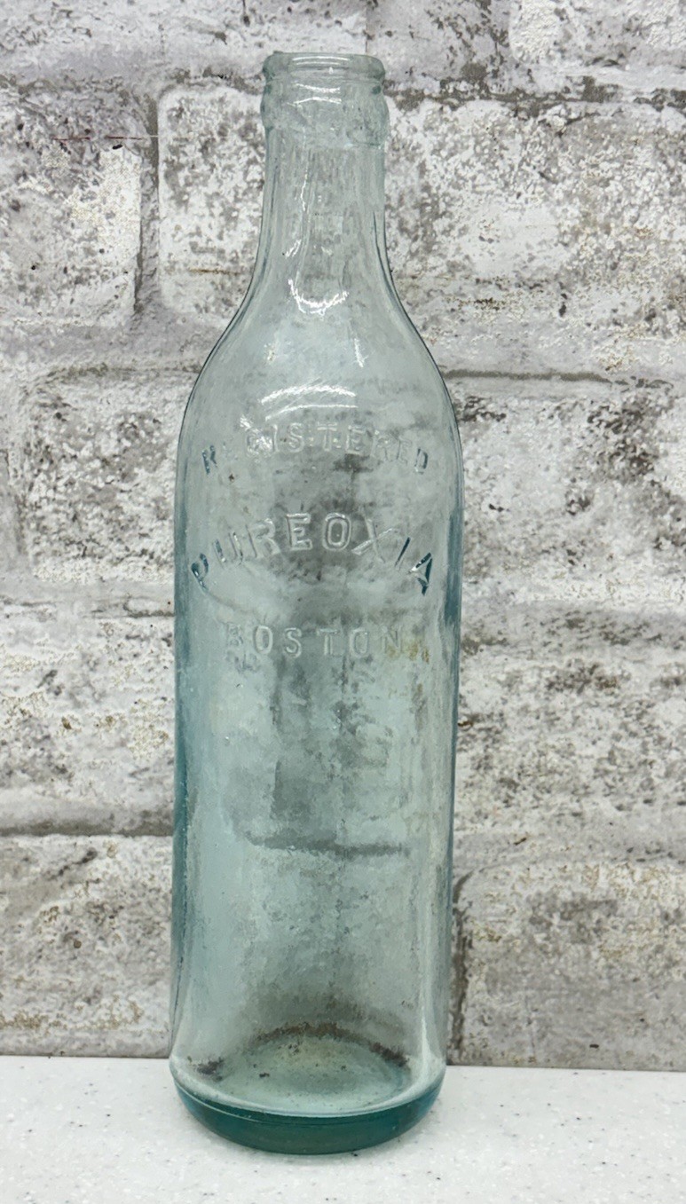 Antique Pureoxia Boston Mass Aqua Glass Paneled Soda Ginger Ale Bottle 1910s