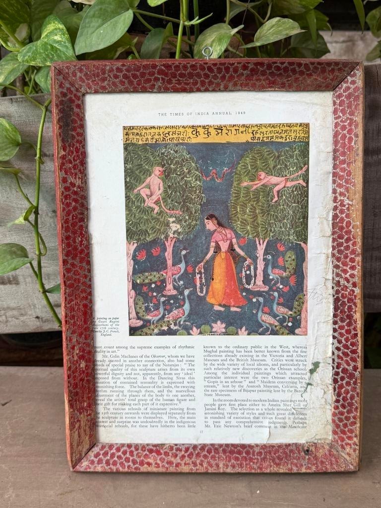 Vintage Indian Miniature Painting Art Print Red Crackle Frame Wall Decor 15\