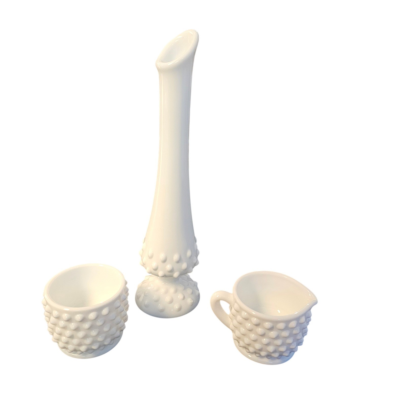 Vintage Fenton White Milk Glass Hobnail Bud Vase Creamer Sugar Bowl Set 3pc