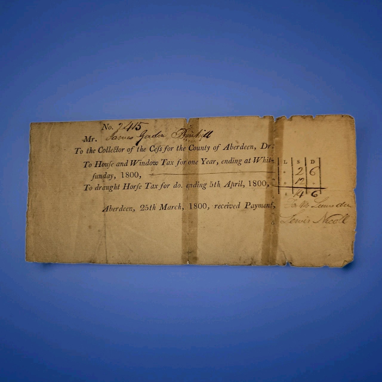 1800 Aberdeen Scotland Window & Horse Tax Receipt James Gordon 1795 Watermark