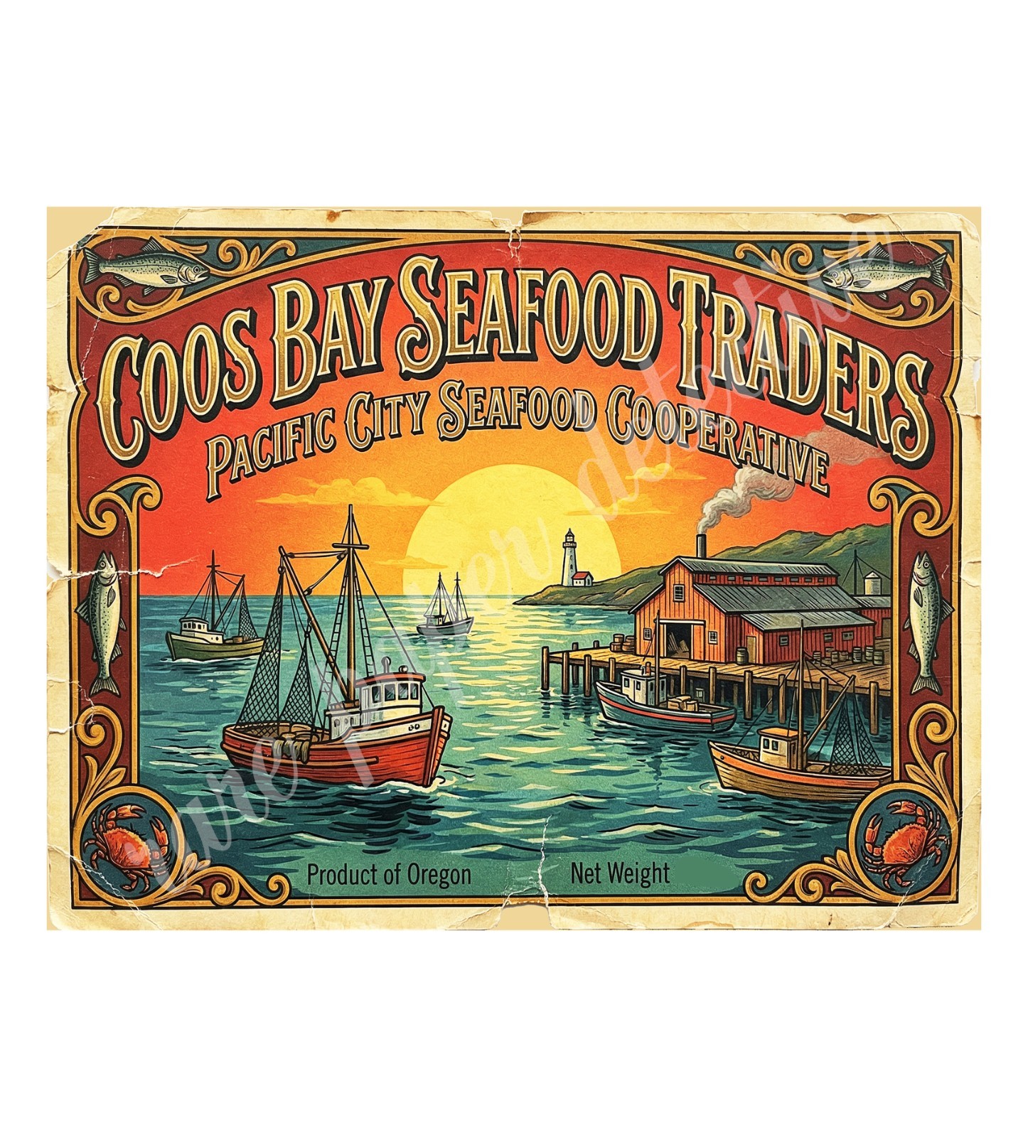 Coos Bay Oregon Seafood Traders 1950s Style Label, Retro Advertising 10.5\