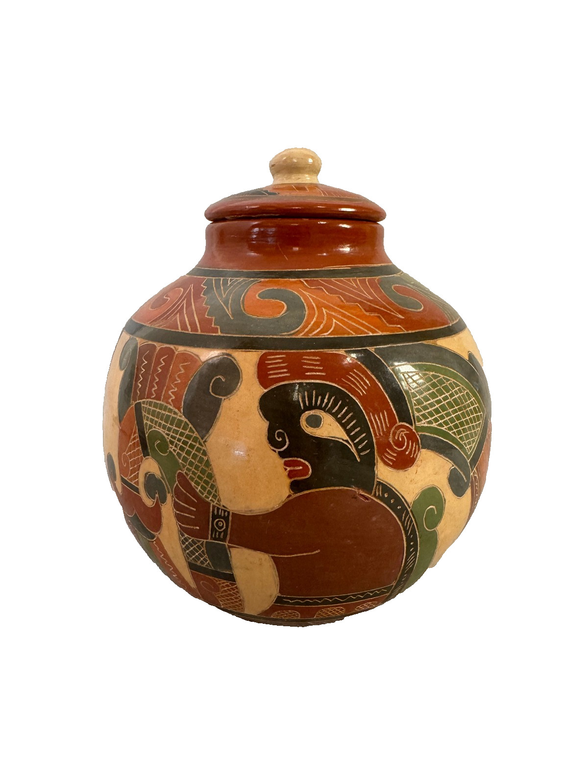 Vintage Hand Painted Nicaraguan Folk Art Pottery Covered Jar Signed Bob 1996 Vintage Hand Painted Nicaraguan Folk Art Pottery Covered Jar Signed Bob 1996