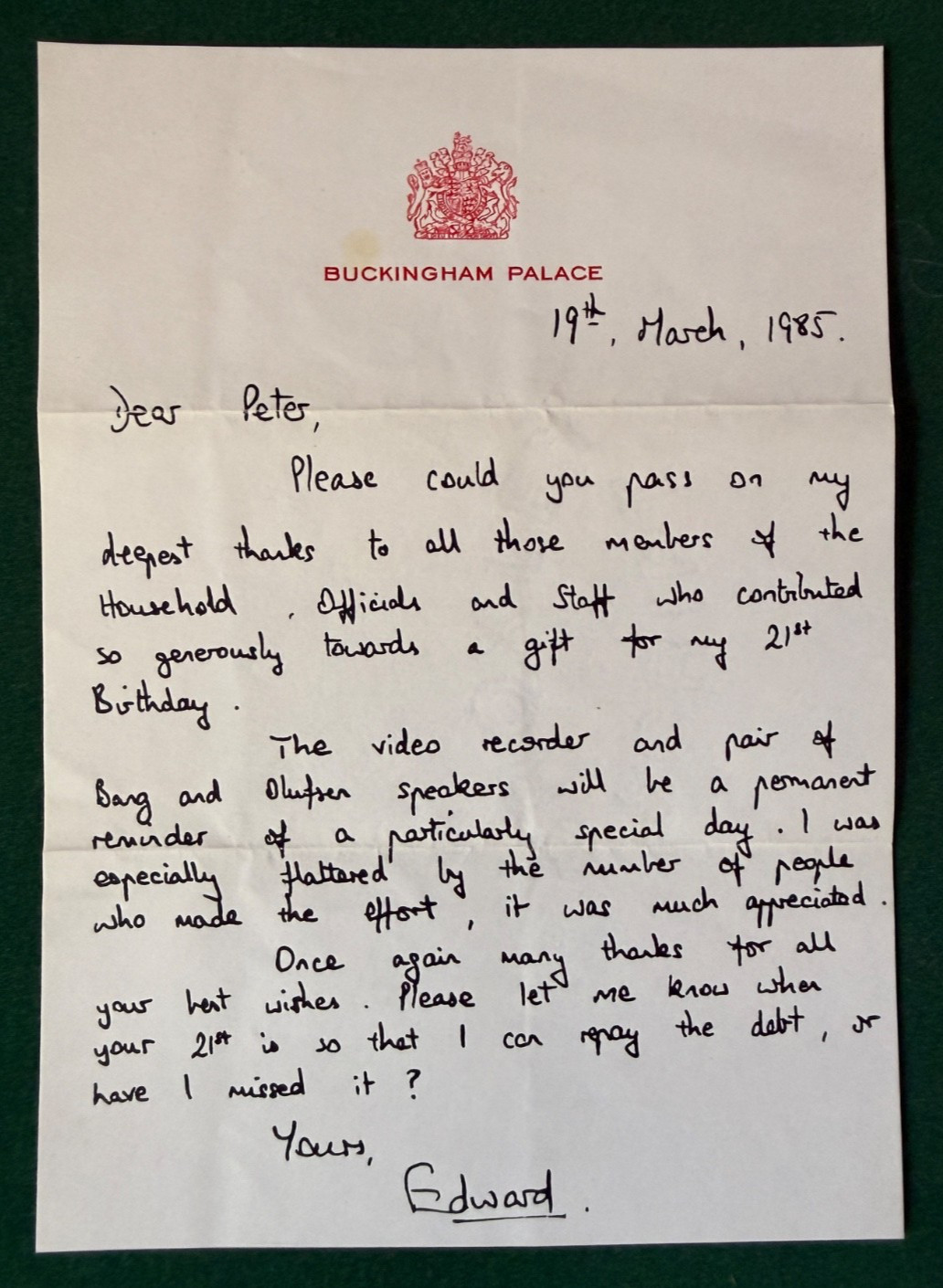Antique Prince Edward Duke Edinburgh Signed 21st Birthday Letter Buckingham P