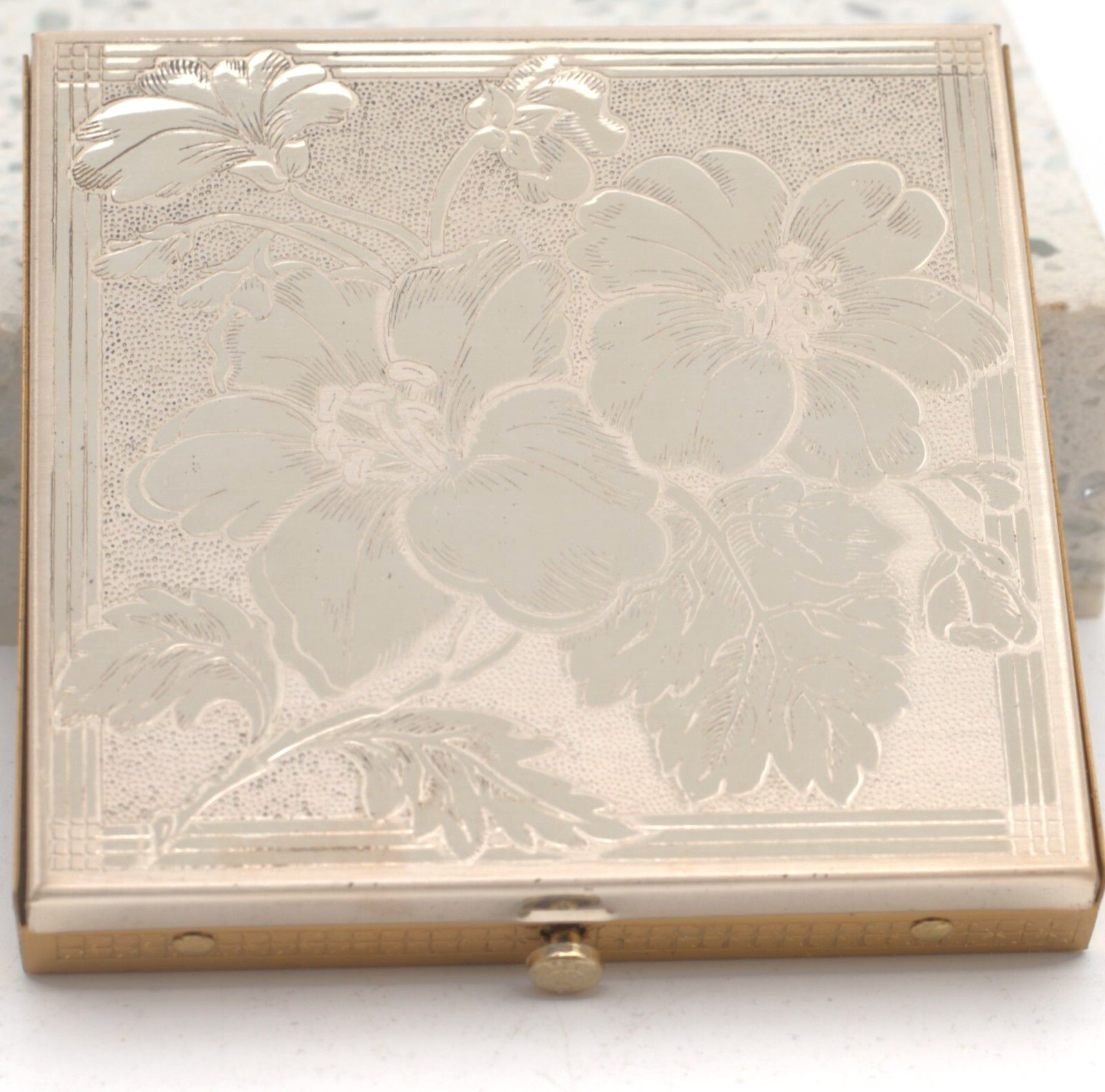 Vintage Dorset Fifth Ave Powder Case Compact Embossed Gold Tone Floral Design