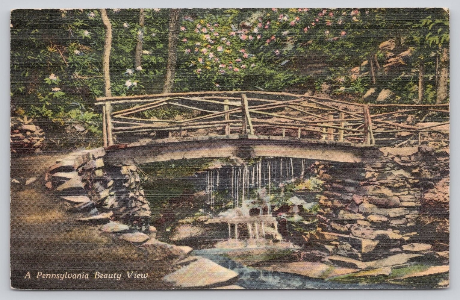 Vintage RHODODENDRON BRIDGE Cresson PA Linen Postcard Curt Teich 1942 Waterfall Vintage RHODODENDRON BRIDGE Cresson PA Linen Postcard Curt Teich 1942 Waterfall