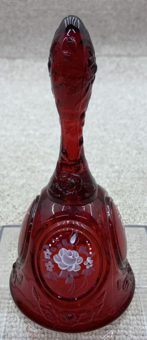 Fenton Ruby Red Glass Embossed Bell with Hand Painted Roses