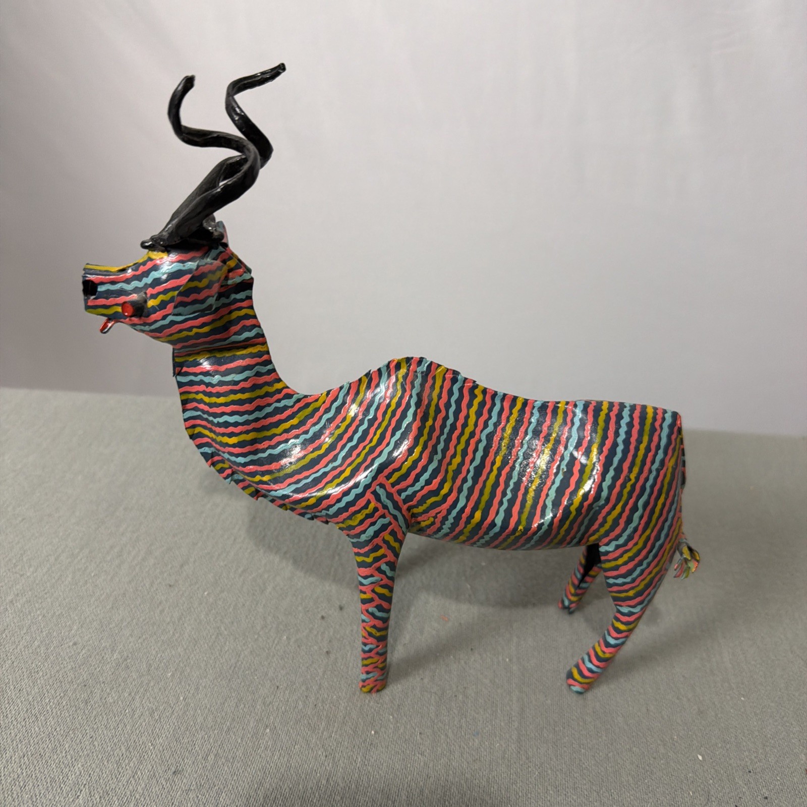 Vintage Zimbabwe Tin Can Kudu Antelope Sculpture Candy Stripe African Folk Art