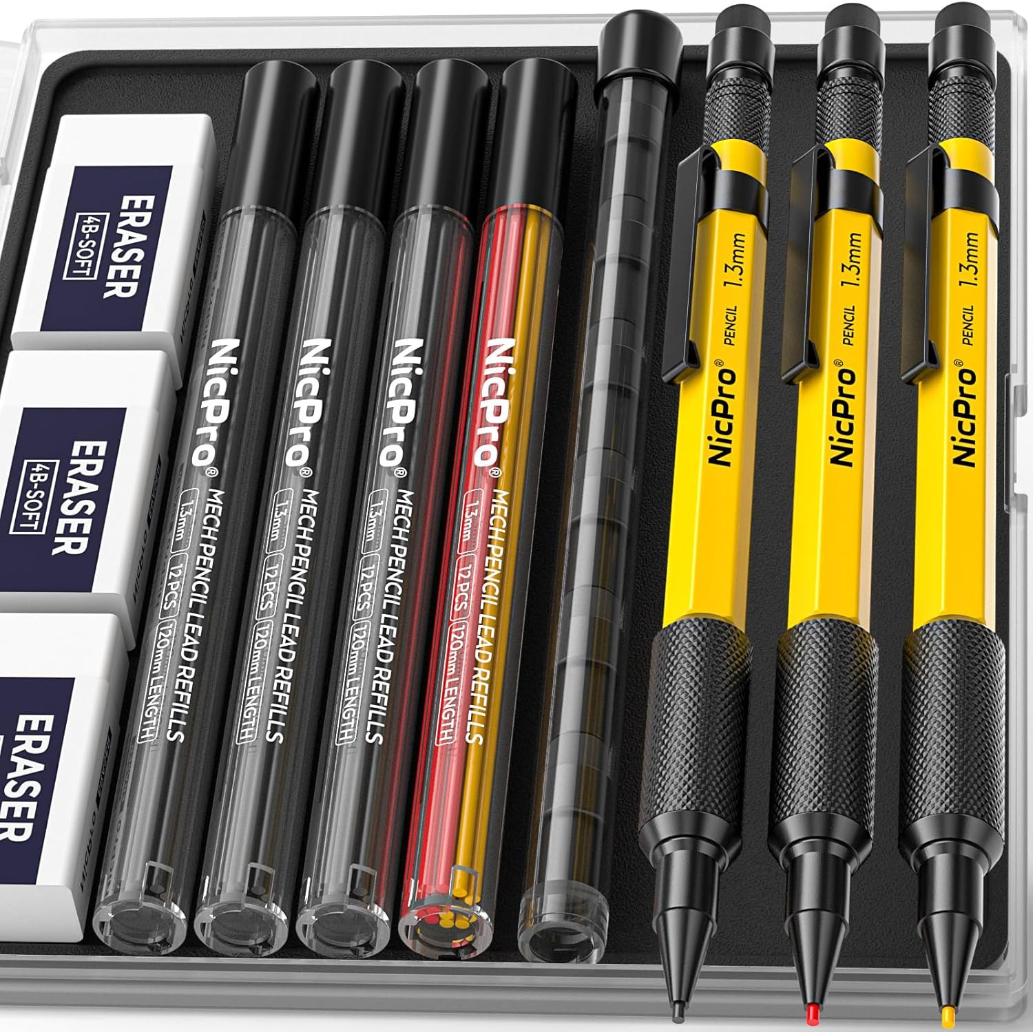 Nicpro 3 PCS 1.3 Mm Mechanical Pencil Set with 48 Lead Refills, 3 Eraser