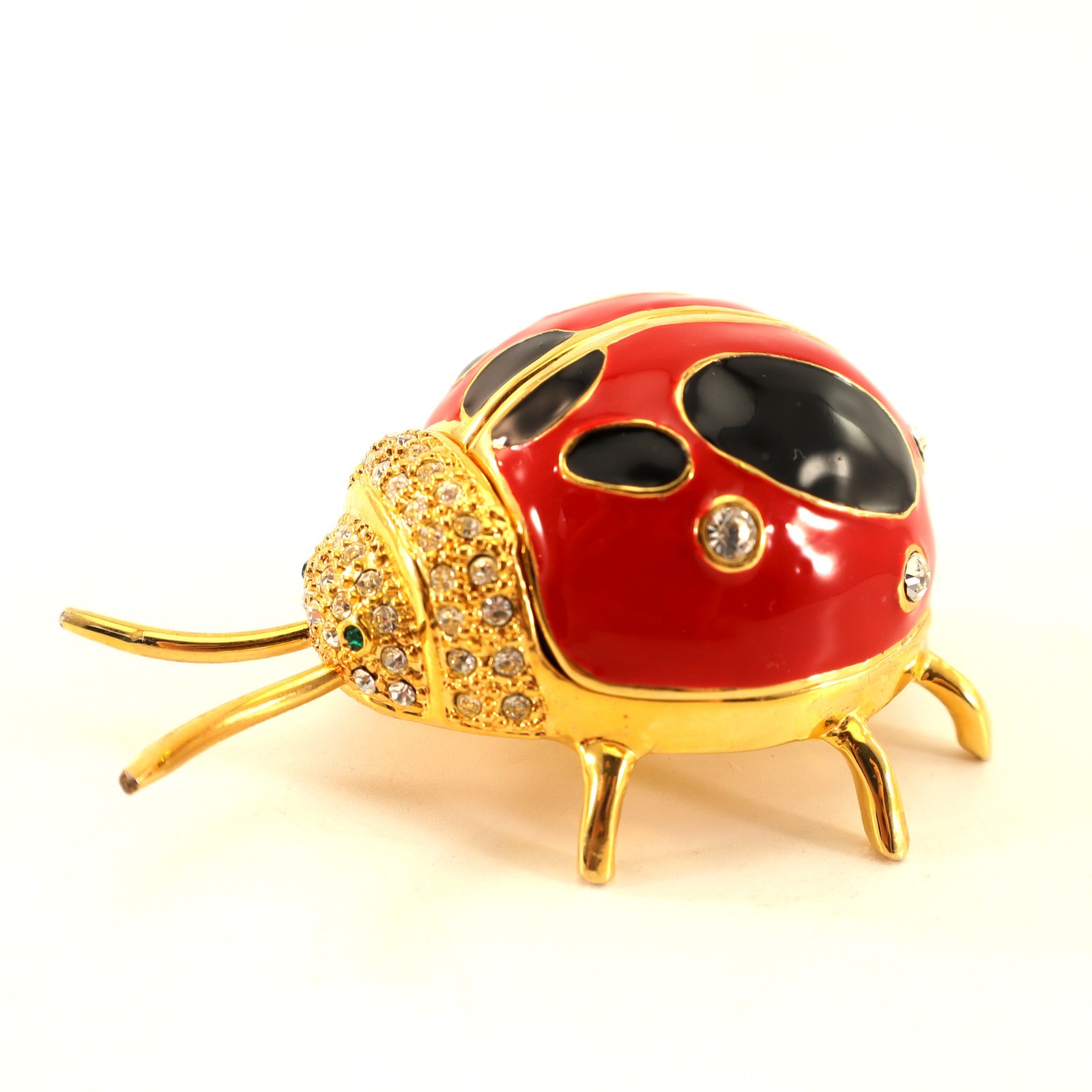 Jere Trinket Box LADYBUG Enameled & Bejeweled Rhinestones Red 6 Legs