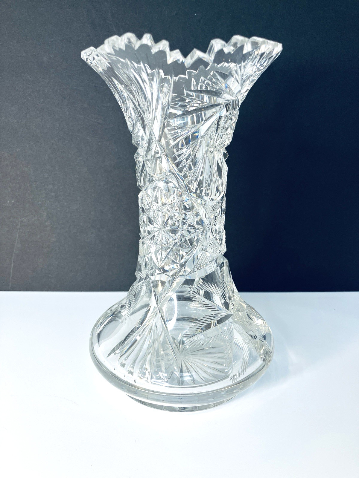 Vintage ABP American Brilliant Period Cut Glass Vase Corset Shape Heavy 10\