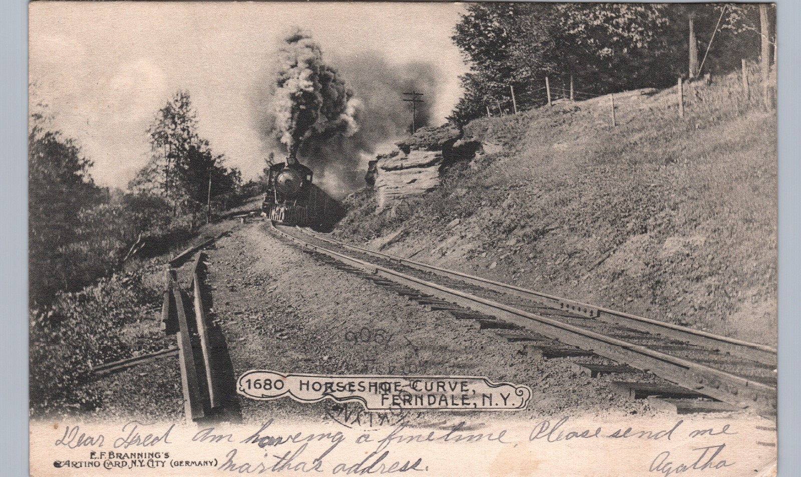 HORSESHOE CURVE ferndale ny original antique postcard new york train tracks