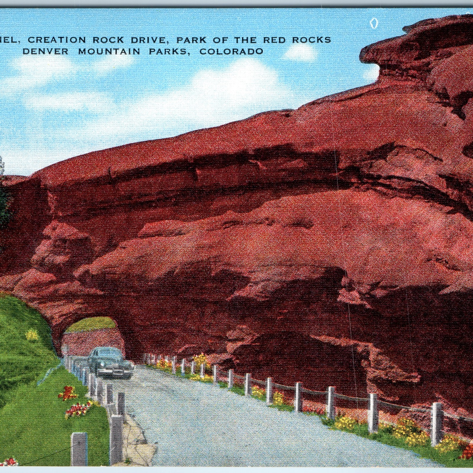 c1940s Denver, CO Creation Rock Drive Tunnel Red Rocks Linen Postcard Car