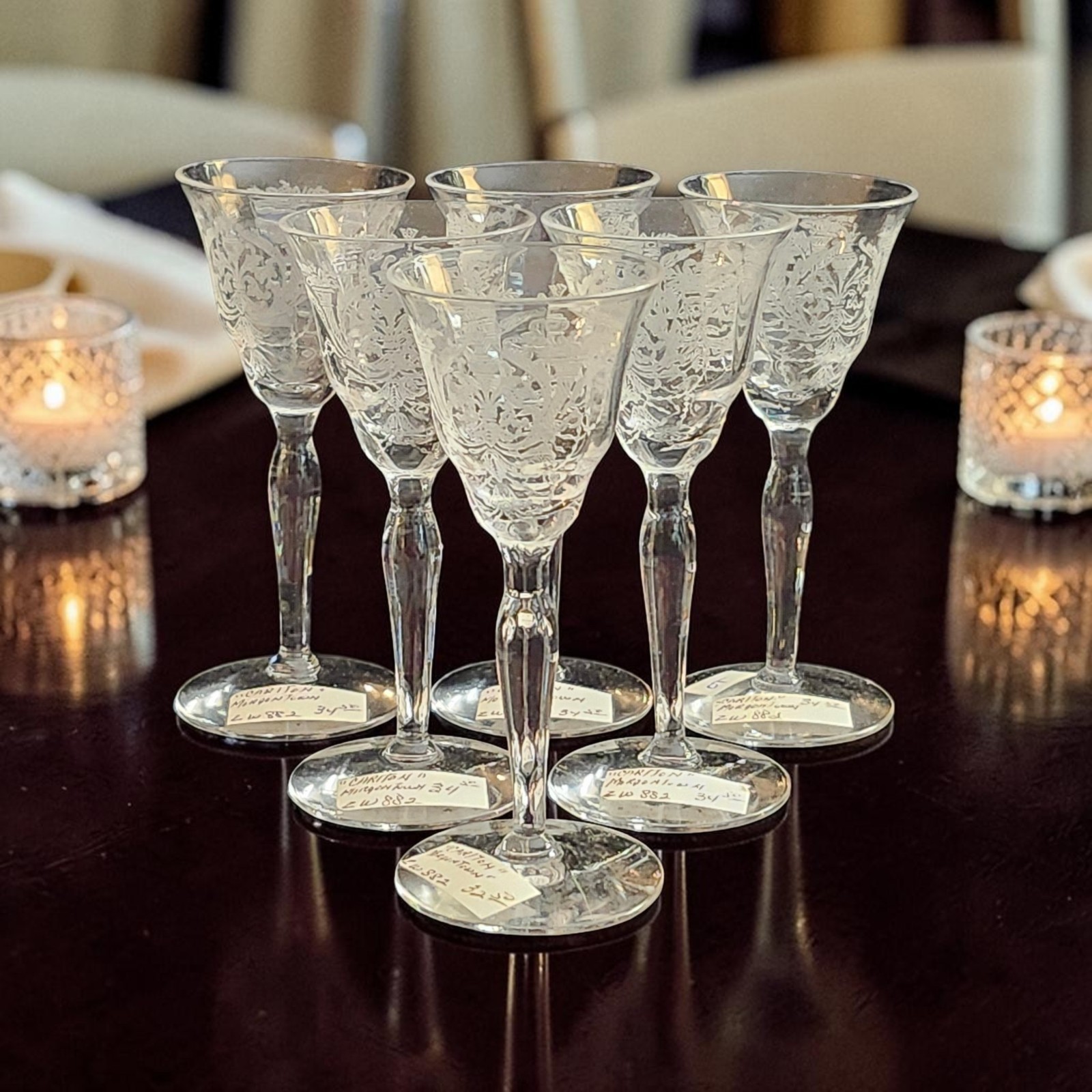 Vintage Morgantown Carlton Etched Crystal Clear Stem Cordials Set Of 6 EC 