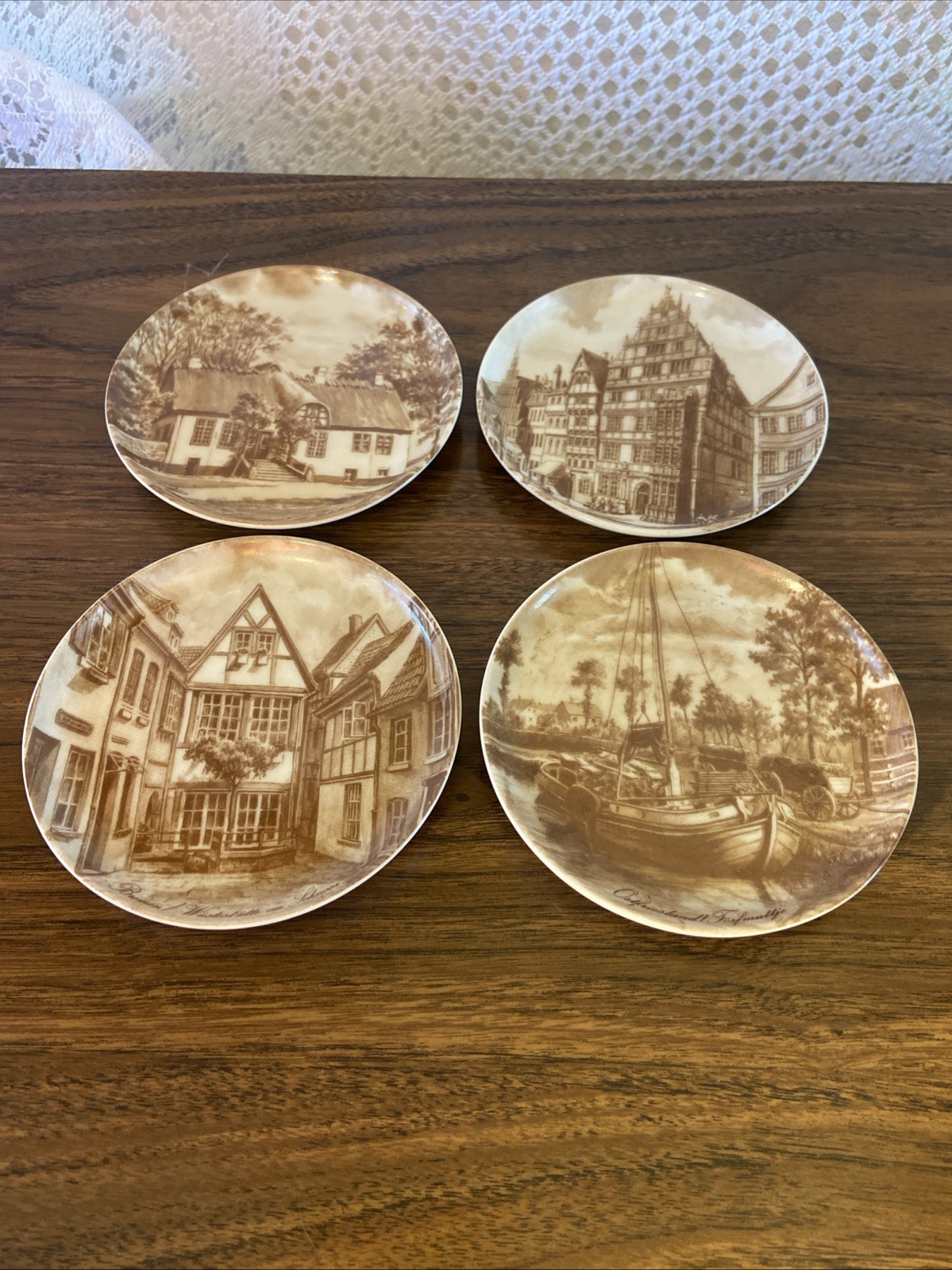 Vintage AK Kaiser W Germany Porcelain Town Scene Coasters Mini Plates Brown Set4