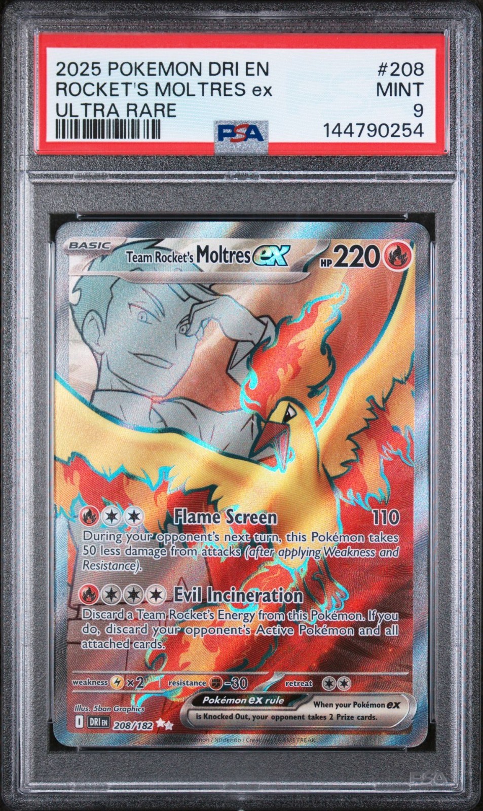 PSA 9 TEAM ROCKET\'S MOLTRES EX 208/182 - DESTINED RIVALS RARE HOLO - MINT