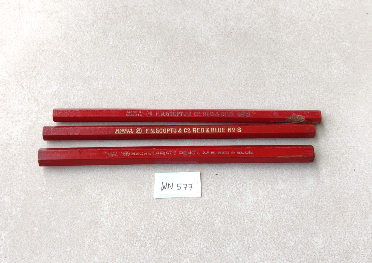 Vintage F N Gooptu & Co Red & Blue Pencils No 8 Old Stationery India Retro 3Pc