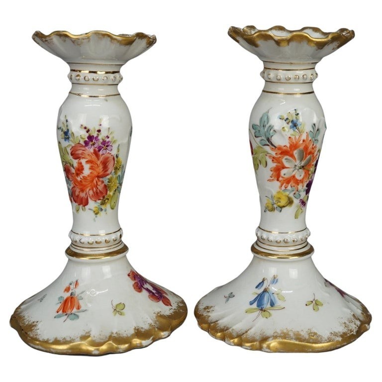 Antique German Painted & Gilt Floral Porcelain Candlesticks, Berlin C1900 Antique German Painted & Gilt Floral Porcelain Candlesticks, Berlin C1900