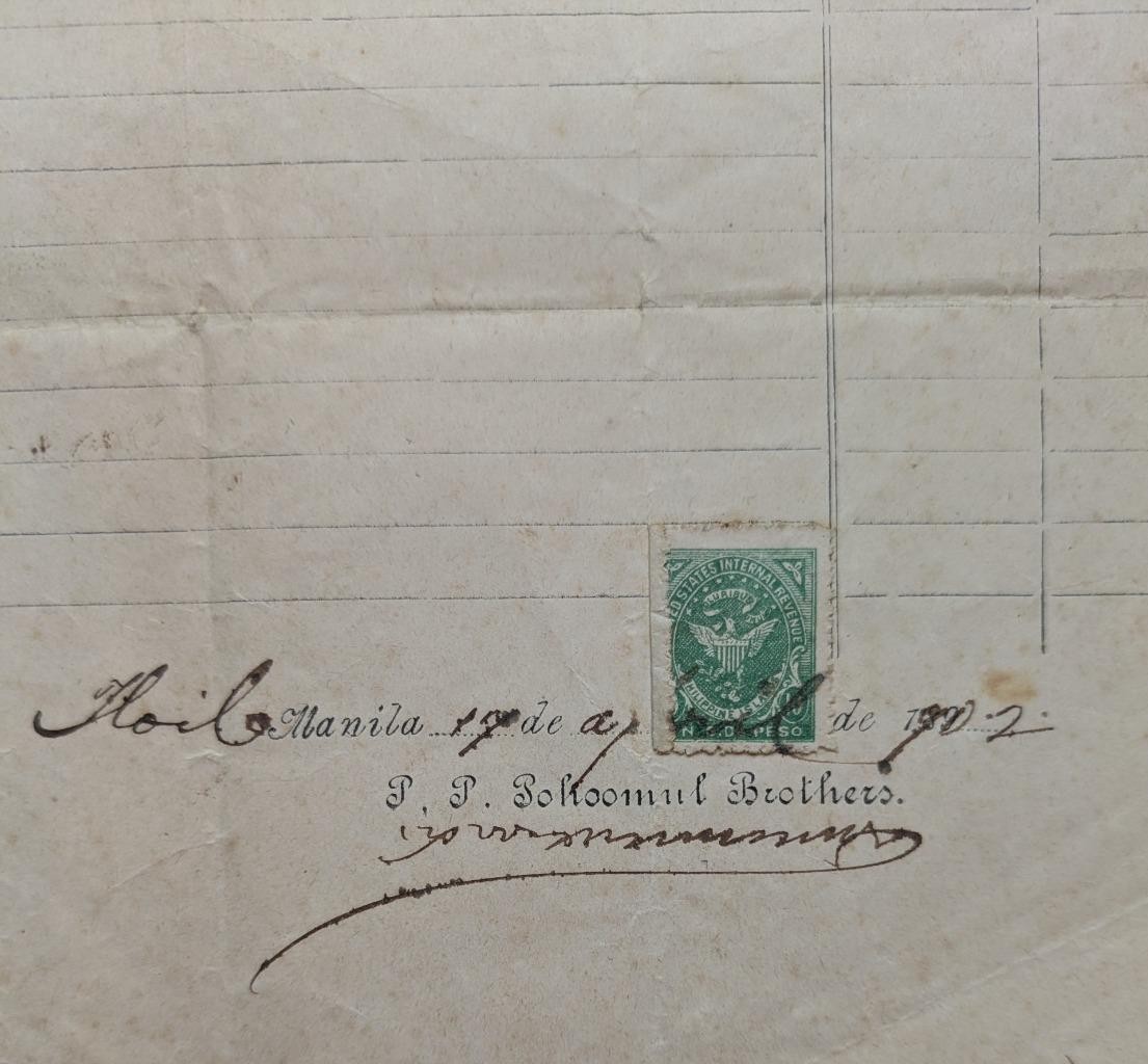 1902 MANILA PHILIPPINE ISLAND POHOOMUL RECEIPT w US IRS TAX STAMP Span Am War