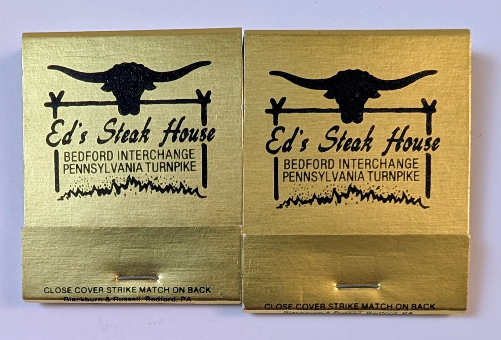 Vintage Ed's Steak House Bedford PA Gold Advertising Matchbooks Pair Matches