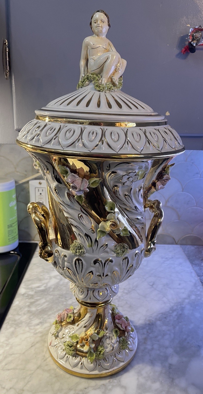 VTG Large Italian Porcelain Lidded Urn Cherub Finial Capodimonte Style Hand Made