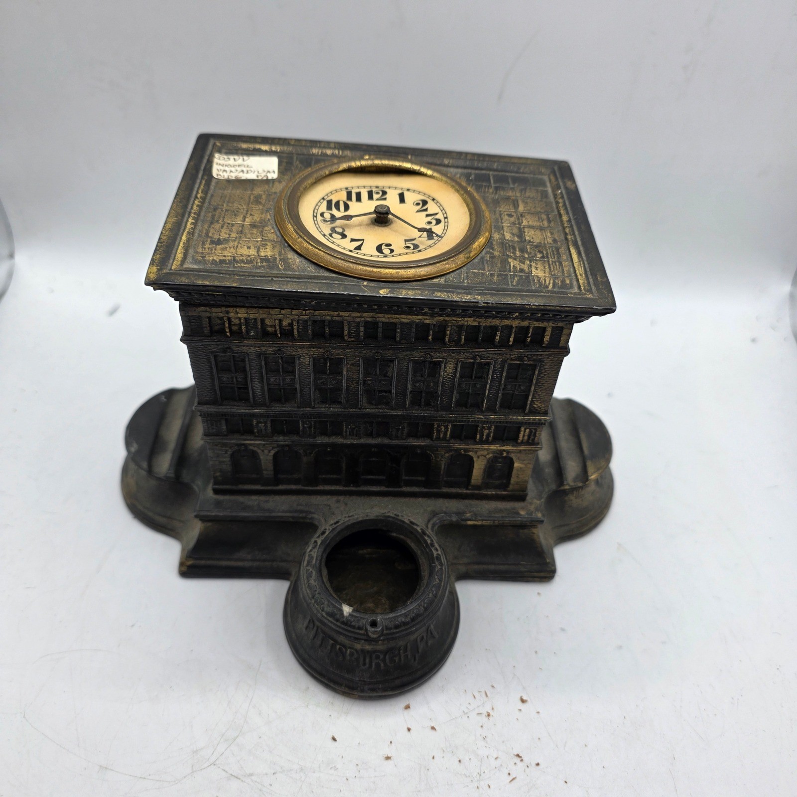 Antique Pittsburgh Vanadium Building Desk Clock Inkwell Westclox Architectural