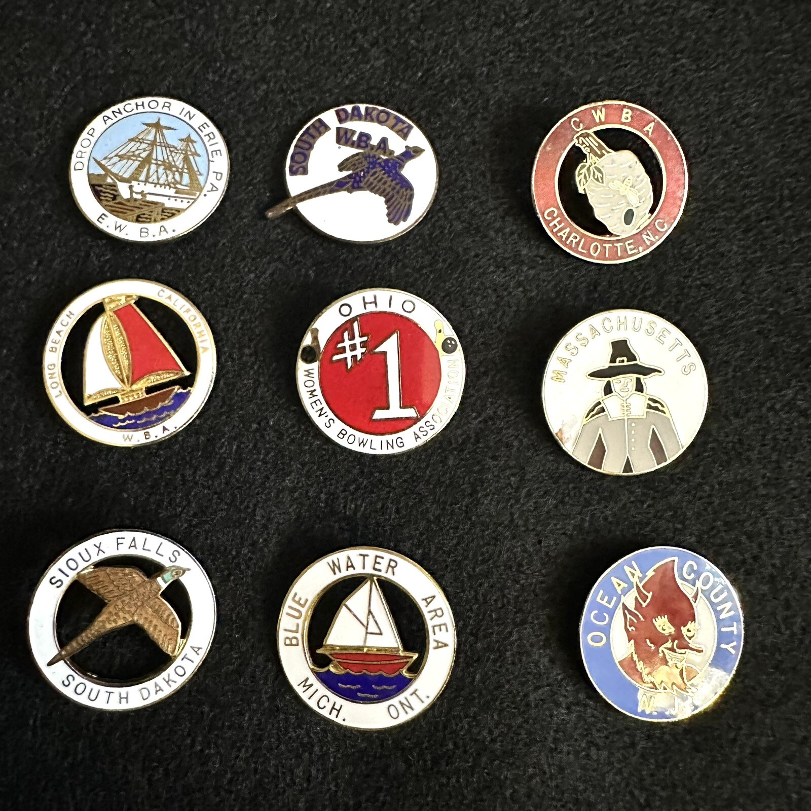 Vintage WBA Lapel/Hat Pins From Various County’s & States- Lot of 9